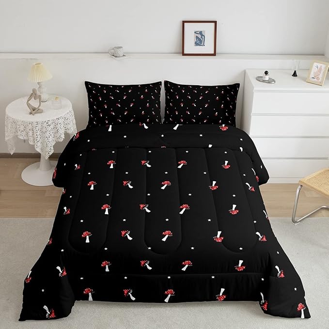 Cute Mushroom Comforter Set King Kid Cartoon Kawaii Reversible Bedding Set Red Mushroom Duvet Set Mushroom Shaped Comforter Lovely Natural Wild Plants Fungus Comforter Set for Room Decor, Black - LeafyLoom