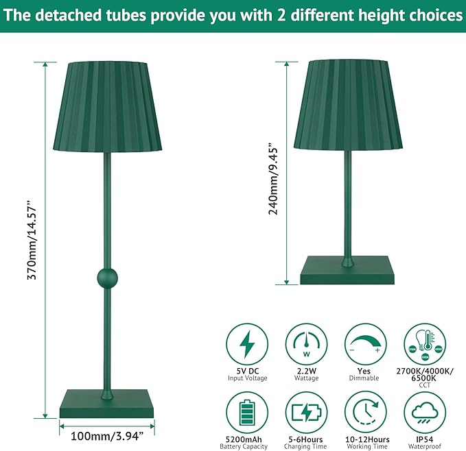 GGOYING Cordless Table Lamp,5200mAh Rechargeable Battery LED Lamp with 3 Color Stepless Dimmable, Modern Portable LED Desk Lamp Night Light(Hunter Green) - LeafyLoom