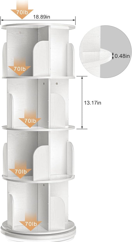 Rotating Bookshelf, Small Bookshelf for Small Space, 360 Display 4 Tier Floor Standing Bookcase Storage Rack, Wood Narrow Book Shelf Organizer for Bedroom, Living Room (White) - LeafyLoom