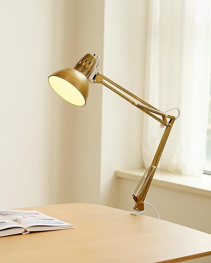 Globe Electric 62000010 32" Multi-Joint Desk Lamp with Metal Clamp, Matte Brass, White Accents, On/Off Rotary Switch on Shade, Partially Adjustable Swing Arm, Home Décor, Office Accessory - LeafyLoom