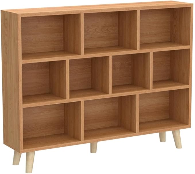 IOTXY Wooden Open Shelf Bookcase - 3-Tier Floor Standing Display Cabinet Rack with Legs, 10 Cubes Bookshelf, Pear Yellow - LeafyLoom