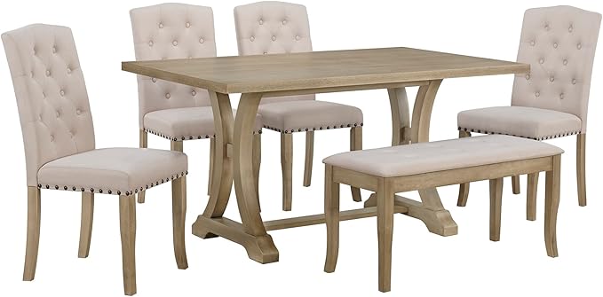 Retro Rustic Table, 6 Piece Farmhouse, Rectangular TrestleTable and Bench&4 Upholstered Chairs, Wooden Kitchen Furniture Set for Dining Room, Wood - LeafyLoom