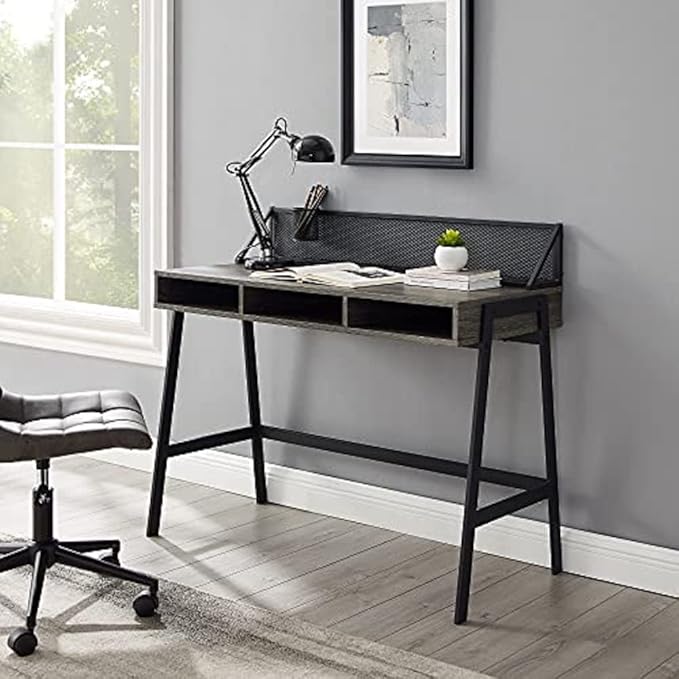 Walker Edison Jones Urban Industrial Metal Mesh Back Writing Desk, 42 Inch, Cerused Ash Grey - LeafyLoom