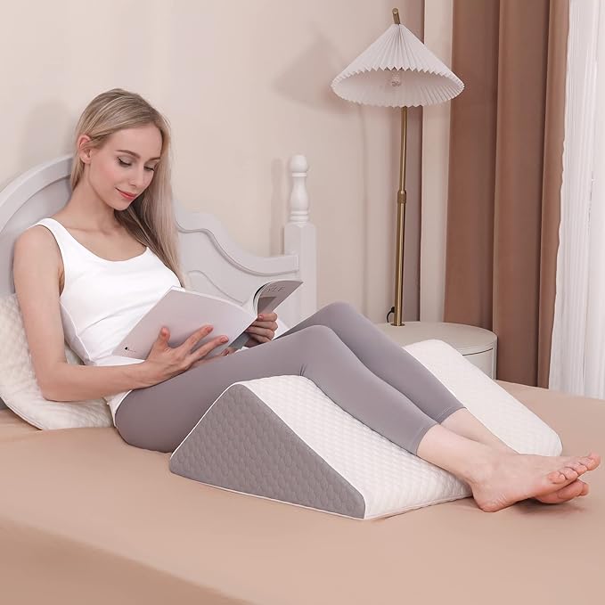 Forias Knee Wedge Pillow 8" Pure Memory Foam Bed Wedge Pillow for Sleeping After Surgery Triangle Pillow for Knee Support Leg Elevation Sciatica Knee Hip Back Pain Relief - Gray & White - LeafyLoom