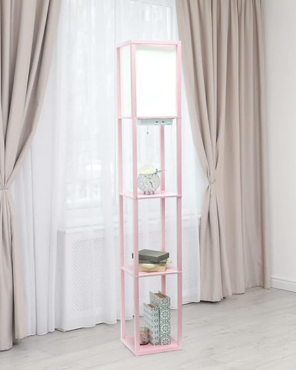 Simple Designs LF1037-LPK Floor Lamp Etagere Organizer Storage Shelf with 2 USB Charging Ports, 1 Charging Outlet and Linen Shade, Light Pink - LeafyLoom