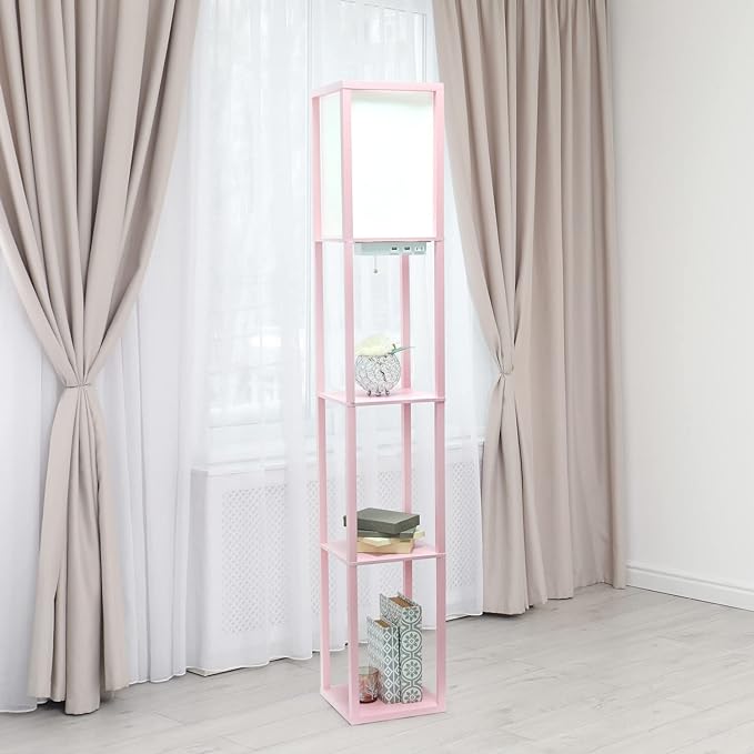 Simple Designs LF1037-LPK Floor Lamp Etagere Organizer Storage Shelf with 2 USB Charging Ports, 1 Charging Outlet and Linen Shade, Light Pink - LeafyLoom