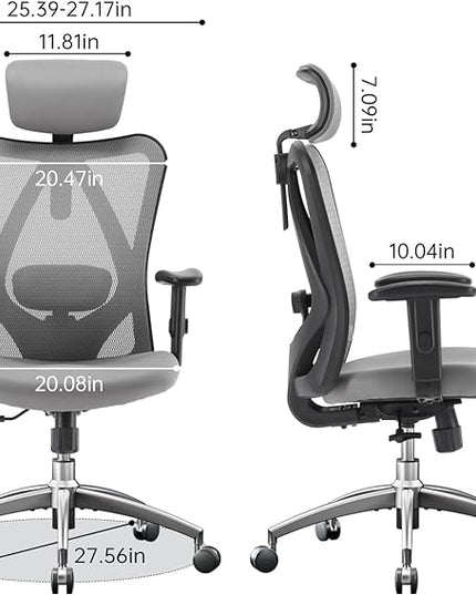 SIHOO M18 Ergonomic Office Chair for Big and Tall People Adjustable Headrest with 2D Armrest Lumbar Support and PU Wheels Swivel Tilt Function Grey - LeafyLoom