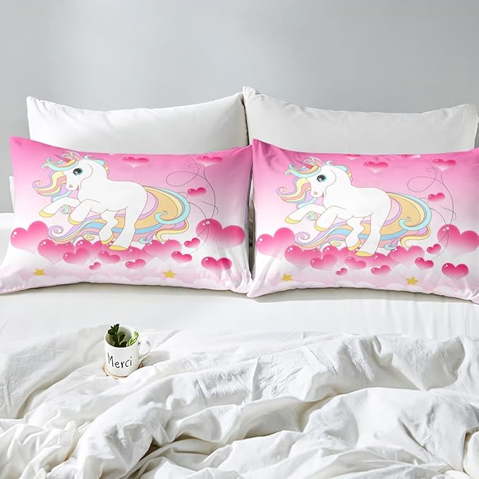 Girls Unicorn Comforter Set Twin Girly Fantasy Rainbow Unicorn Bedding Set for Kids Little Girls, Pink Love Heart Duvet Sets Dreamy Horse Cartoon Magical Animal Down Comforter with 1 Pillowcase - LeafyLoom