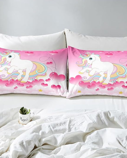 Girls Unicorn Comforter Set Full Girly Fantasy Rainbow Unicorn Bedding Set for Kids Little Girls, Pink Love Heart Duvet Sets Dreamy Horse Cartoon Magical Animal Down Comforter with 2 Pillowcases - LeafyLoom