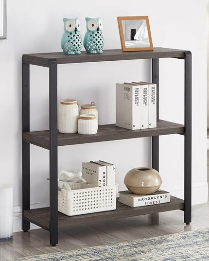 Bookshelf and Bookcase, 3 Tier Vintage Shelf for Office, Rustic Wood and Metal Book Shelves, Grey - LeafyLoom