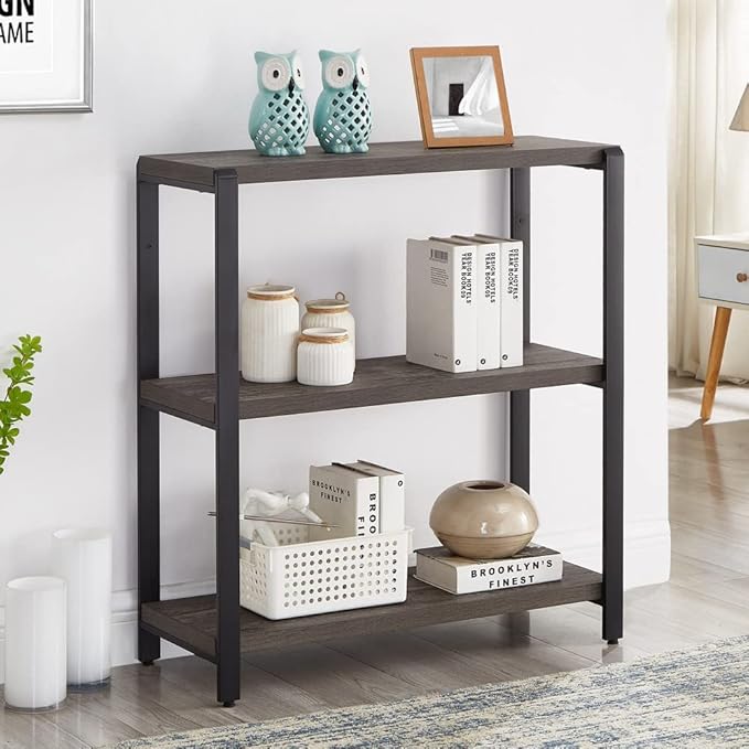Bookshelf and Bookcase, 3 Tier Vintage Shelf for Office, Rustic Wood and Metal Book Shelves, Grey - LeafyLoom