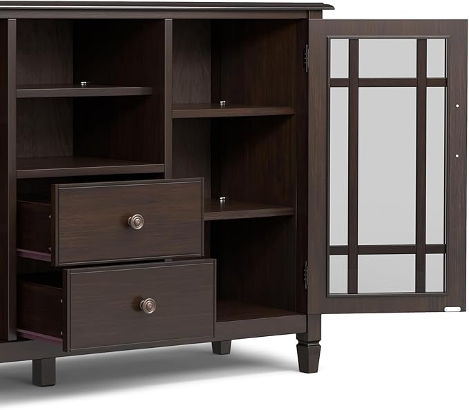 SIMPLIHOME Connaught SOLID WOOD Wide Traditional Media Stand for TVs up to 60 inches for The Living Room and Entertainment Center, 53 inch, Dark Chestnut Brown - LeafyLoom