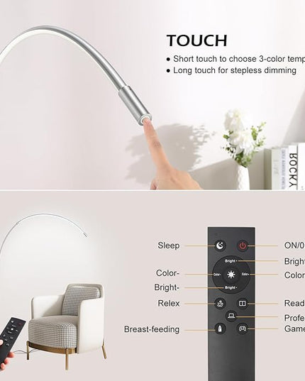 LED Arc Floor Lamp for Living Room,70.8" Tall Modern Standing Lamp with Remote Control,3 Color Temperature & Stepless Dimmable Brightness, Reading Floor Lamp for Bedroom Office Home - LeafyLoom