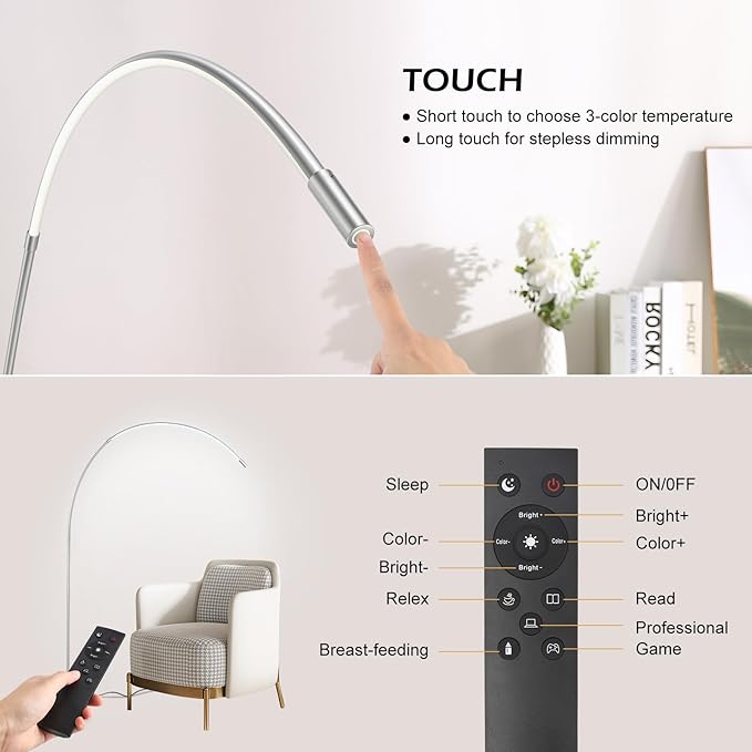 LED Arc Floor Lamp for Living Room,70.8" Tall Modern Standing Lamp with Remote Control,3 Color Temperature & Stepless Dimmable Brightness, Reading Floor Lamp for Bedroom Office Home - LeafyLoom