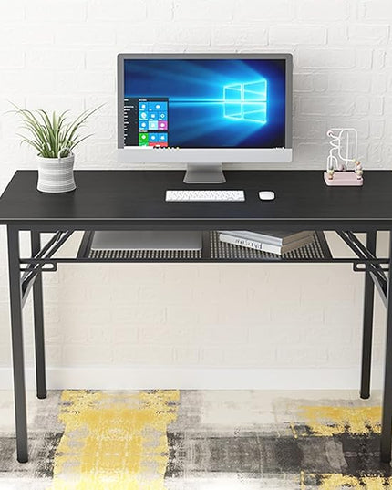 Need Folding Computer Desk with Storage Shelf, 47 inches Home Office Desk Folding Table Computer Workstation Desk, No Assembly Needed, Black - LeafyLoom