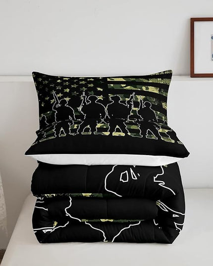American Flag Comforter Set Twin for Boy Teen ArmyGreen Camouflage Down Comforter Adult Men Soldier Silhouettes Quilted Duvet Military Style Camo Bedding Comforters, 1 Comforter Set + 1 Pillowcase - LeafyLoom