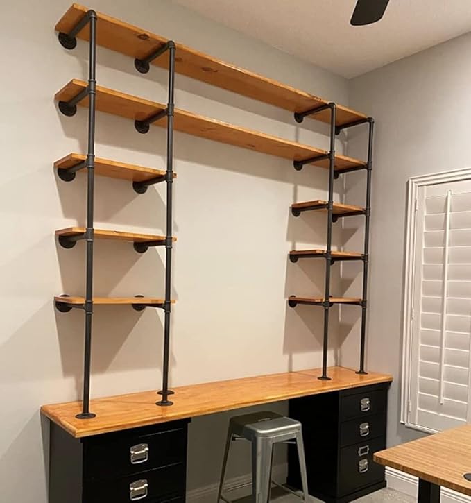 (14"Deep, 2Pcs)Industrial Retro Wall Mount Iron Pipe Shelf,DIY Open Bookshelf,Hung Bracket,Home Improvement Kitchen Shelves,Tool Utility Shelves, Office Shelves, Bookshelves and bookcases - LeafyLoom