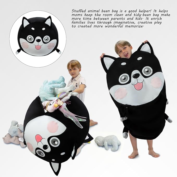Toy Organizers and Storage for Kids Room Decorations, Childrens Bean Bag Chairs Black Cute Dog, Extra Large Size, Velvet Super Soft Cover Only - LeafyLoom