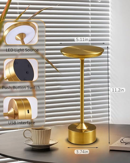 Cordless Metal Desk Lamp, Touch Sensor Control LED Table Lamp,3 Color Stepless Dimmable Battery Powered Lamp,Night Light for Kids Nursery,Bedroom/Desk/Cafe (Gold) - LeafyLoom