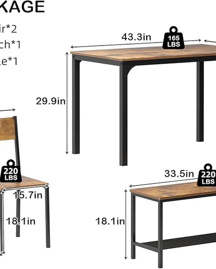 SogesHome Home Kitchen Table Set for 4, Compact Dining Table Chair Set, 4 Pieces Table Chair Bench Set for Small Place, Apartment, Vintage Brown - LeafyLoom