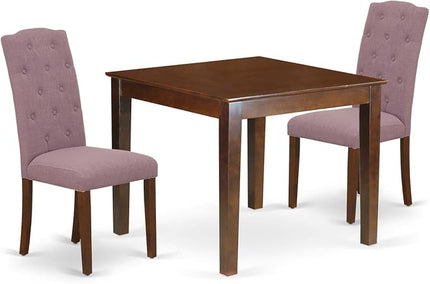 East West Furniture OXCE3-MAH-10 Oxford 3 Piece Kitchen Set for Small Spaces Contains a Square Dining Room Table and 2 Dahlia Linen Fabric Upholstered Chairs, 36x36 Inch - LeafyLoom