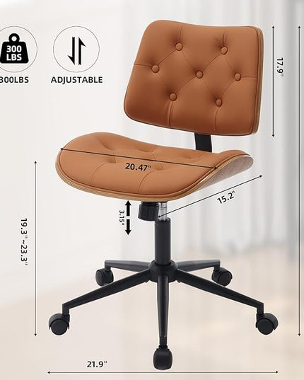 Armless Home Office Chair Modern Walnut Chair with Wheels Mid Back Swivel Computer Chair No arm Adjustable Height Leather Desk Chair for Reading,Meeting Room (Orange) - LeafyLoom