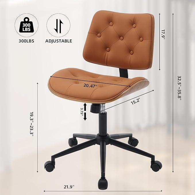 Armless Home Office Chair Modern Walnut Chair with Wheels Mid Back Swivel Computer Chair No arm Adjustable Height Leather Desk Chair for Reading,Meeting Room (Orange) - LeafyLoom