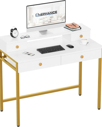 Elephance Small Computer Desk with Monitor Stand 39.37" Home Office Desk with 4 Drawers Study Writing Desk Gaming Table for Small Space - LeafyLoom