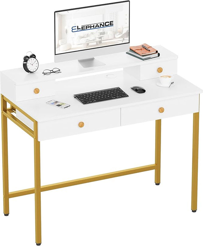 Elephance Small Computer Desk with Monitor Stand 39.37" Home Office Desk with 4 Drawers Study Writing Desk Gaming Table for Small Space - LeafyLoom
