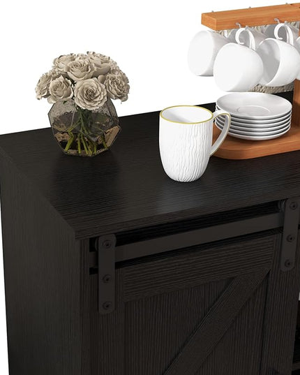 Panana Sliding Barn Door Buffet Sideboard Storage Cabinet Coffee Bar Kitchen Farmhouse Style (Black) - LeafyLoom