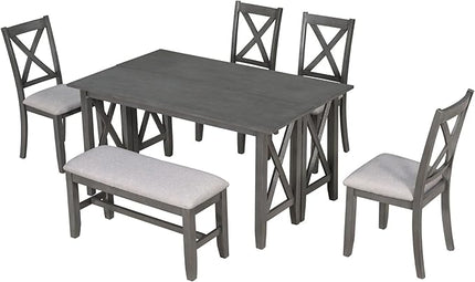 6-Piece Dining Room Table Set, Solid Wood Space Saving Foldable Diningtable and 4 Chairs with Bench for Kitchen Family, Gray - LeafyLoom
