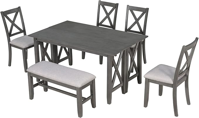 6-Piece Dining Room Table Set, Solid Wood Space Saving Foldable Diningtable and 4 Chairs with Bench for Kitchen Family, Gray - LeafyLoom
