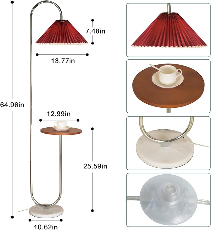 Modern Elegant with Tray Floor Lamp for Office Cafe Den Living Room Bedroom, Foot Switch and Chrome Finish,Red Pleated Cloth Lampshade - LeafyLoom