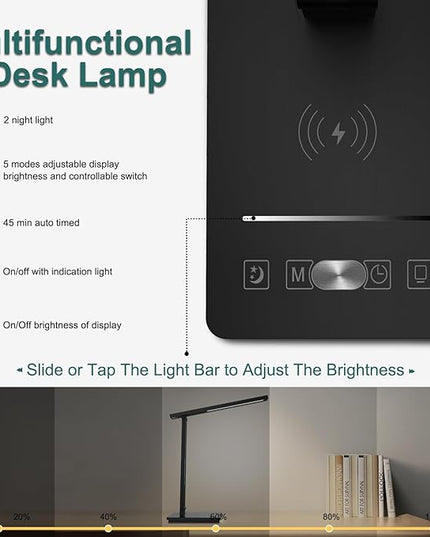 10 in 1 Smart Desk Lamp, Desk Table Lamp for Office, Eye-Caring Office Lamp with Night Light, Lamp for Desk with 10W Wireless Charger, Dimmable Touch Lamp for Home College Dorm Reading Study Work Room - LeafyLoom