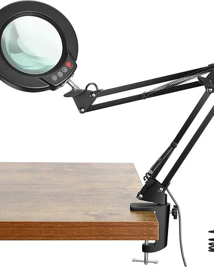 2.25X Magnifying Glass with Light and Clamp, Real Glass Stand Lighted Magnifier, 5 Color Modes Stepless Dimmable LED Desk Lamp Hands Free for Crafts Hobby Reading Painting Sewing Close Work - LeafyLoom