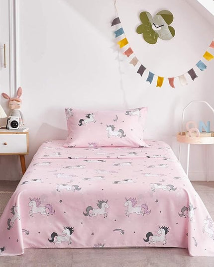 UOZZI BEDDING Bed in a Bag 6 Pieces Twin Size Unicorn Pink with Rainbow Star - Soft Microfiber, Reversible Bed Comforter Set (1 Comforter, 2 Pillow Shams, 1 Flat Sheet, 1 Fitted Sheet, 1 Pillowcases) - LeafyLoom