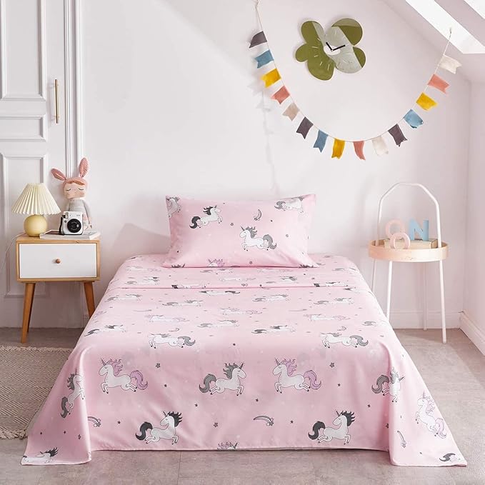 UOZZI BEDDING Bed in a Bag 6 Pieces Twin Size Unicorn Pink with Rainbow Star - Soft Microfiber, Reversible Bed Comforter Set (1 Comforter, 2 Pillow Shams, 1 Flat Sheet, 1 Fitted Sheet, 1 Pillowcases) - LeafyLoom