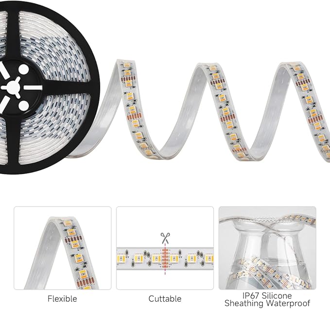 BTF-LIGHTING RGBCCT 5 Colors in 1 LED Tape Lights 5050SMD RGBWW RGB+Dimmable Color Temperature 2700K-6500K 16.4ft 96LED/m 480LED IP67 DC12V White PCB for Home Decoration(No Adapter or Controller) BTF-LIGHTING