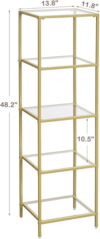 5-Tier Bookshelf,Metal Bookcase,Tempered Glass Shelves,Storage Rack Shelf for Home Office,Living Room,Bedroom, Bathroom,Modern Style,Golden - LeafyLoom