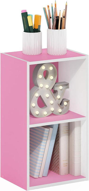 Furinno Luder Bookcase / Book / Storage, 2-Tier Cube, Pink/White - LeafyLoom