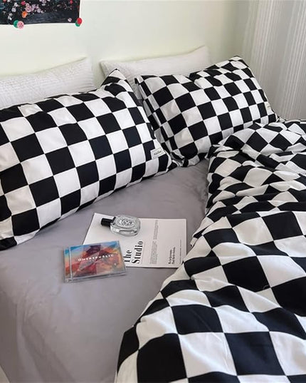 Wellboo Black White Plaid Comforter Sets Twin Women Men Black and White Checkerboard Grid Bedding Comforters Cotton Boys Girls Modern Black Checkered Geometric Quilts Luxury Abstract White Bedding - LeafyLoom