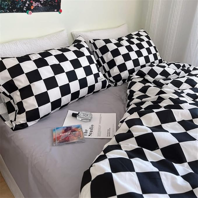 Wellboo Black White Plaid Comforter Sets King Women Men Black and White Checkerboard Grid Bedding Comforters Cotton Boys Girls Modern Black Checkered Geometric Quilts Luxury Abstract White Bedding - LeafyLoom