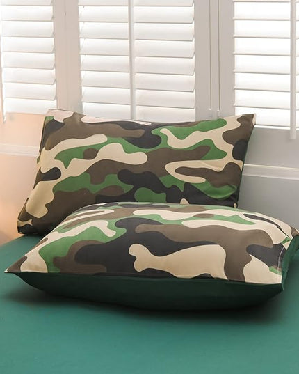 Meeting Story Camouflage Bedding Set, Green Camouflage Comforter Set, 5 PCS One Comforter and Two Pillowases, All Season Soft Bedspread for Boys Teens Adults (Green, Twin 5Pcs) - LeafyLoom
