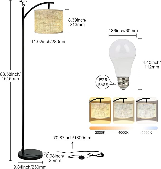 Floor Lamp for Living Room with 3 Color Temperatures LED Bulb,Standing Lamp, High Linen Lampshade Modern Floor Lamp, Living Room Bedroom Office Dining Room Foot Switch Reading Lamp - LeafyLoom
