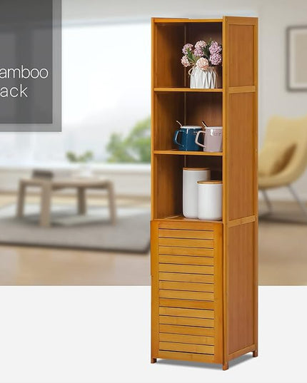 MoNiBloom 5 Tiers Bookshelf Bookcase with Door, Bamboo Narrow Freestanding Cabinet Kitchen Shelf Cupboard Storage Organizer for Home Living Room, Brown - LeafyLoom