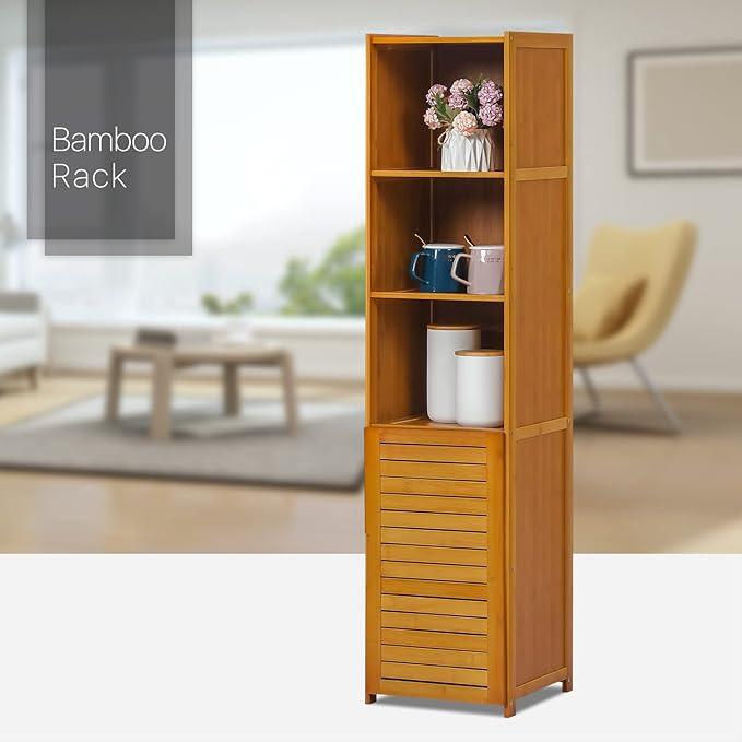MoNiBloom 5 Tiers Bookshelf Bookcase with Door, Bamboo Narrow Freestanding Cabinet Kitchen Shelf Cupboard Storage Organizer for Home Living Room, Brown - LeafyLoom