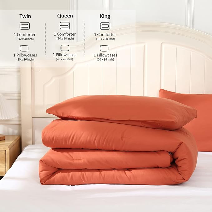 Terracotta Comforter King Size, Modern Burnt Orange Bedding Set, Cute Soft & Lightweight Chic Microfiber Bed Sets, 3 pcs-1 Comforter & 2 Pillowcases (104"x90") - LeafyLoom