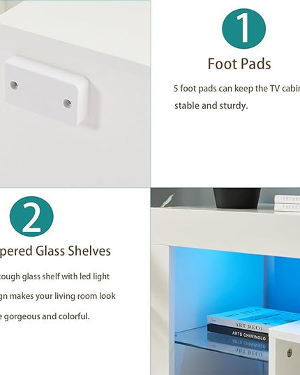 HOUAGI LED TV Stand for Televisions up to 55 Inchs,Modern Entertainment Center with Storage Drawer and Glass shelf, TV Console Table for Living room,Bedroom,White - LeafyLoom