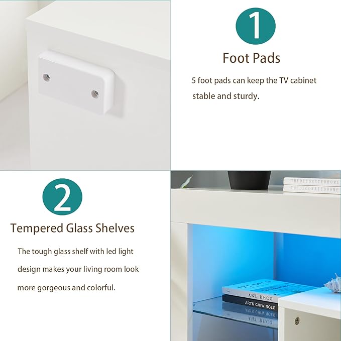 HOUAGI LED TV Stand for Televisions up to 55 Inchs,Modern Entertainment Center with Storage Drawer and Glass shelf, TV Console Table for Living room,Bedroom,White - LeafyLoom