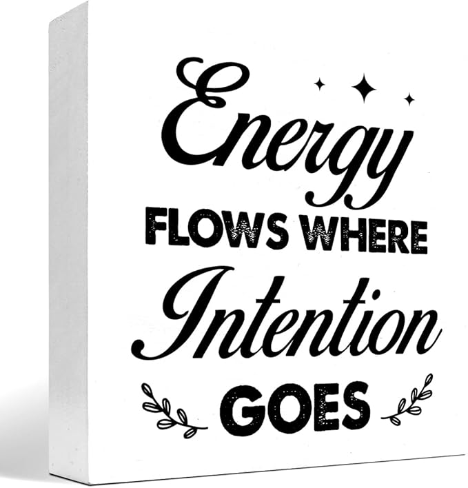 Energy Flows Where Intention Goes Wood Block Sign Desk Decor,Inspirational Wooden Box Plaque Sign Desk Decor for Home Office Cubicle Shelf Table Decor Decorations - LeafyLoom